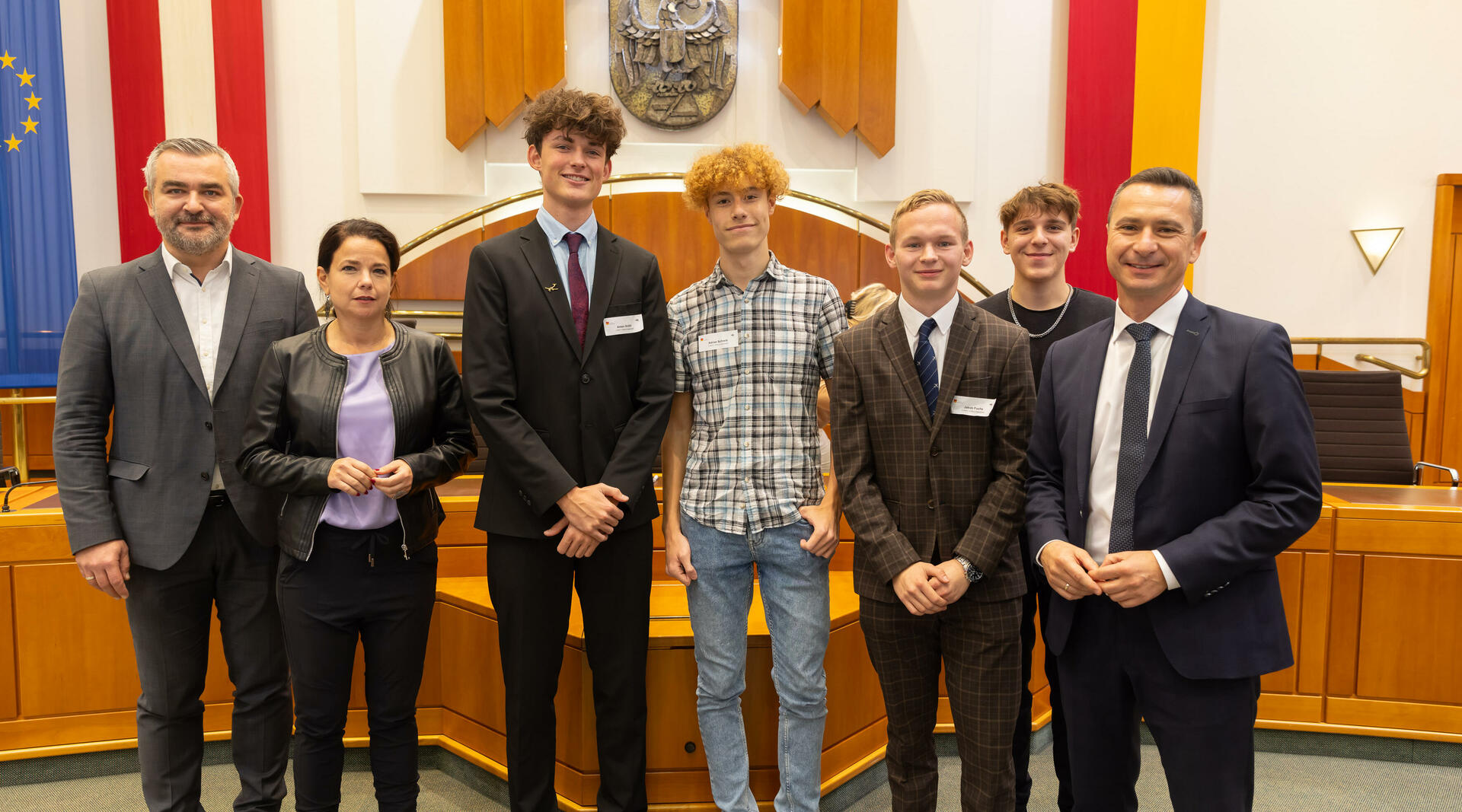 Landesrat Mag. Heinrich Dorner, DDr.in Barbara Glück, Anton Gröbl, Adrian Schreitl, Jakob Fuchs und Landtagspräsident Robert Hergovich
